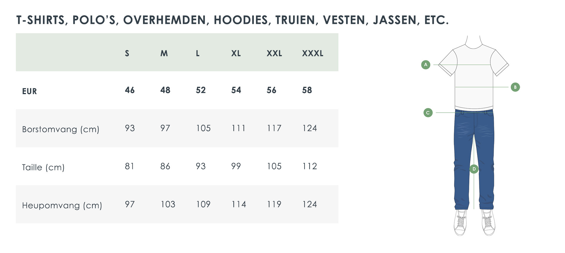 Kledingmaten discount tabel heren