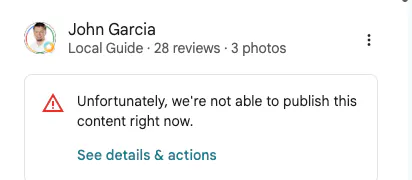 Google Maps UI warning Not able to publish (cropped; no review body text)