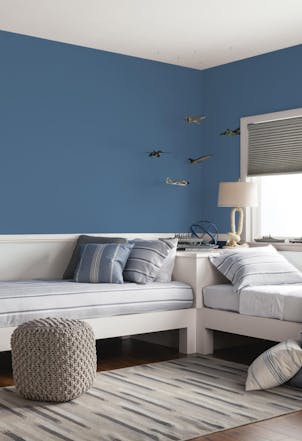 bedroom painted with vintage denim blue paint
