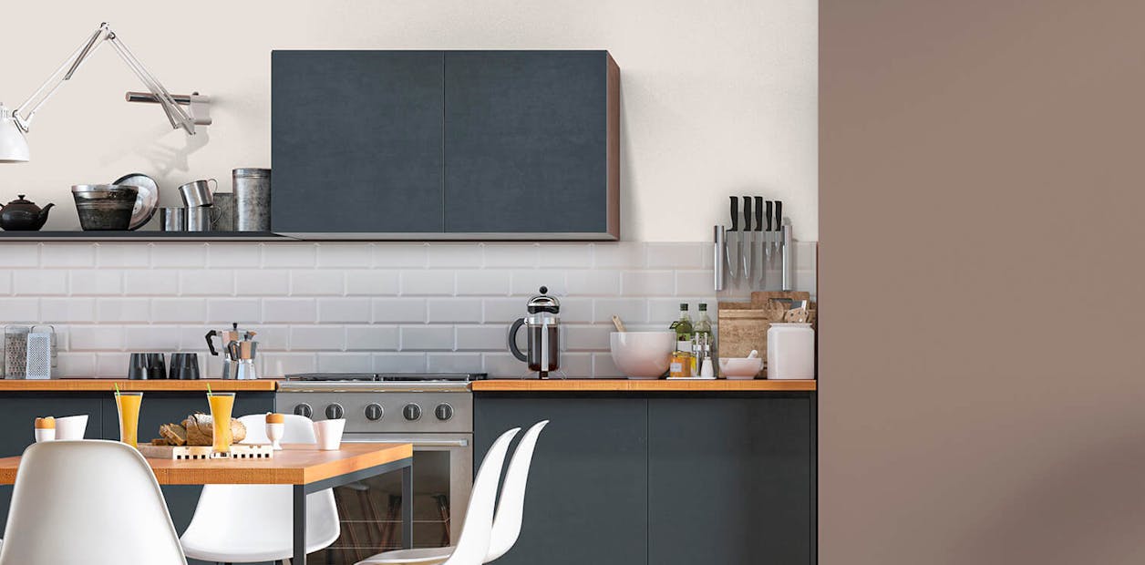Kitchen painted with Johnstone's Brown Sand and Fuzzy Unicorn