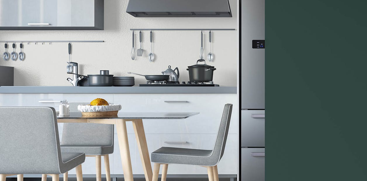 Kitchen painted with Johnstone's Arctic Cotton and Night Watch