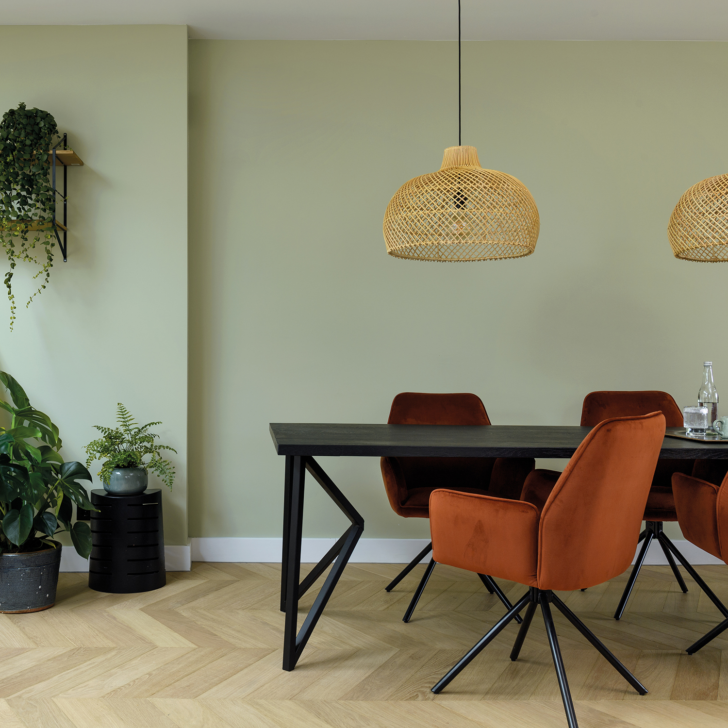 Dining room with neutral wall and black table