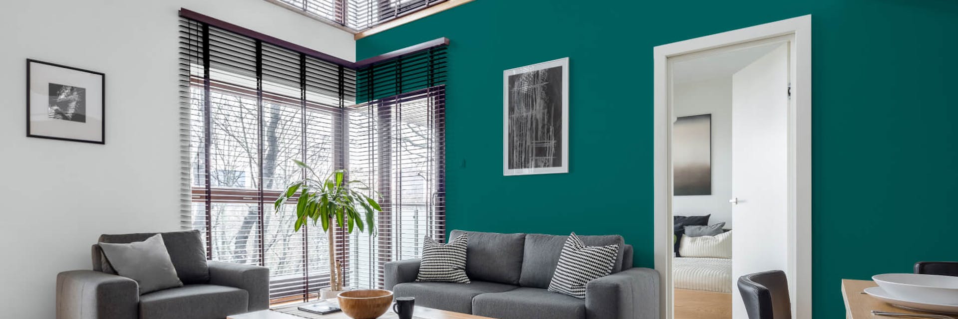 Living room painted with a Johnstone's turquoise paint colour 