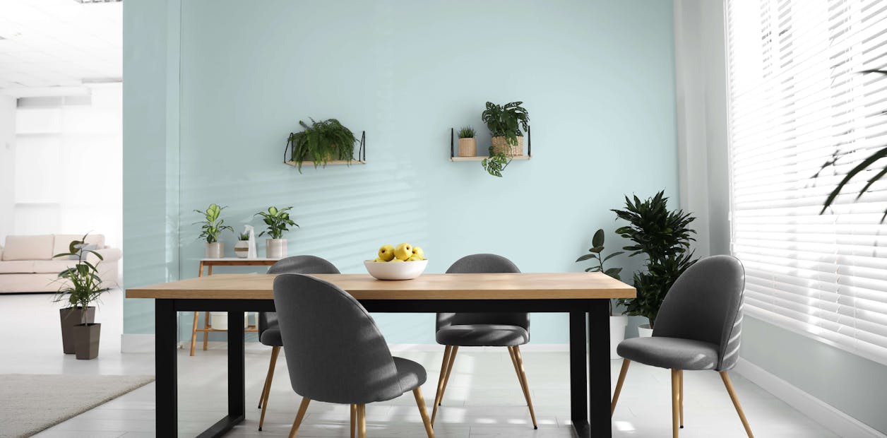 Dining room walls painted with Johnstone's Malted Mint and Swirling Smoke