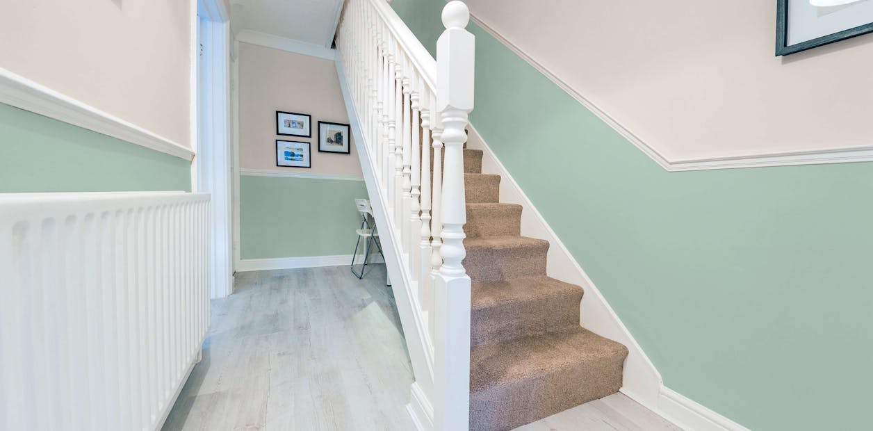 Hallway walls painted with Johnstone's Malted Mint and Pearls And Lace