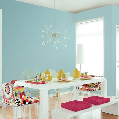 soft light blue dining room 