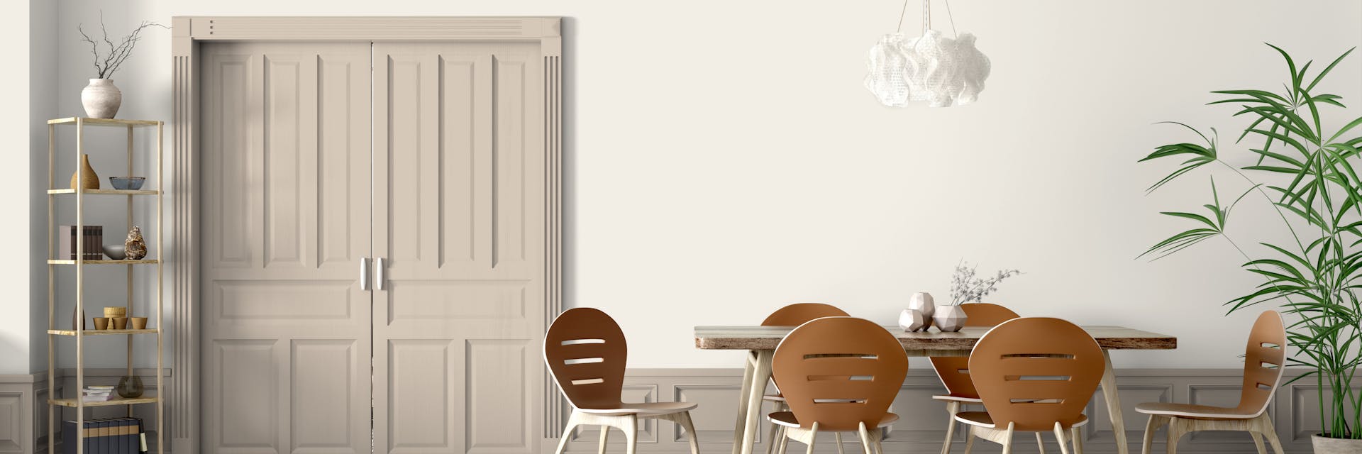 Dining area with clean white walls and a soft grey door and frame. 