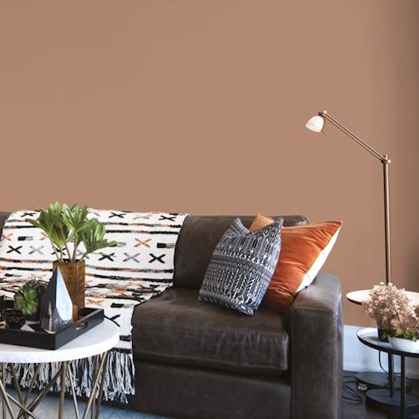 soft brown wall with a dark grey sofa with a throw 