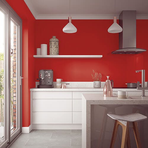 vibrant kitchen in a hot cherry paint 