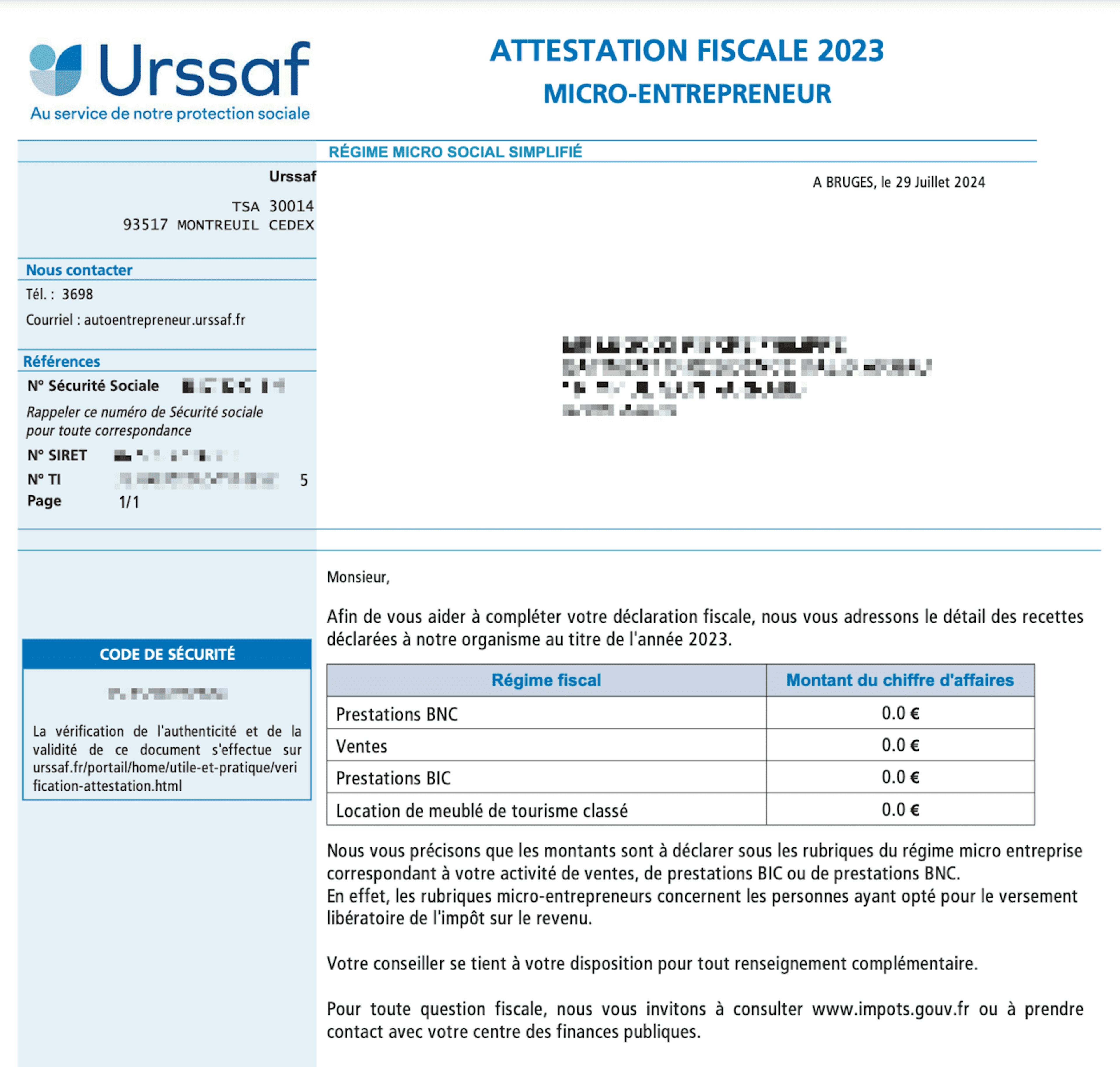 Attestation fiscale 2023 Micro-Entrepreneur