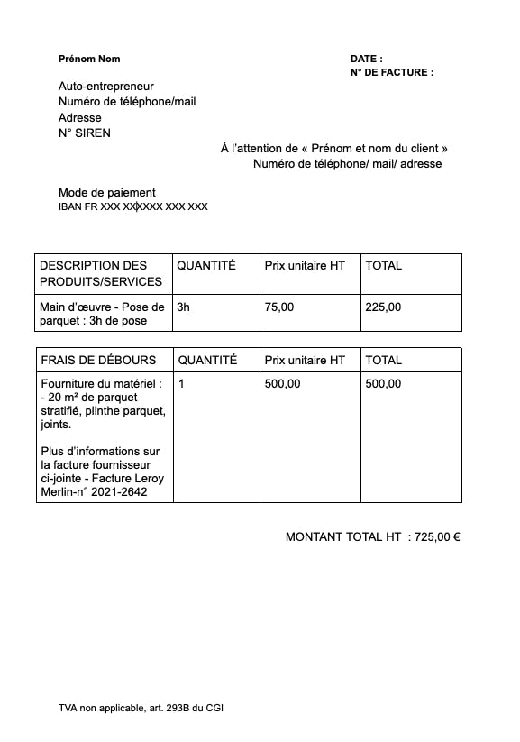 Modèle d'une facture avec des frais de débours