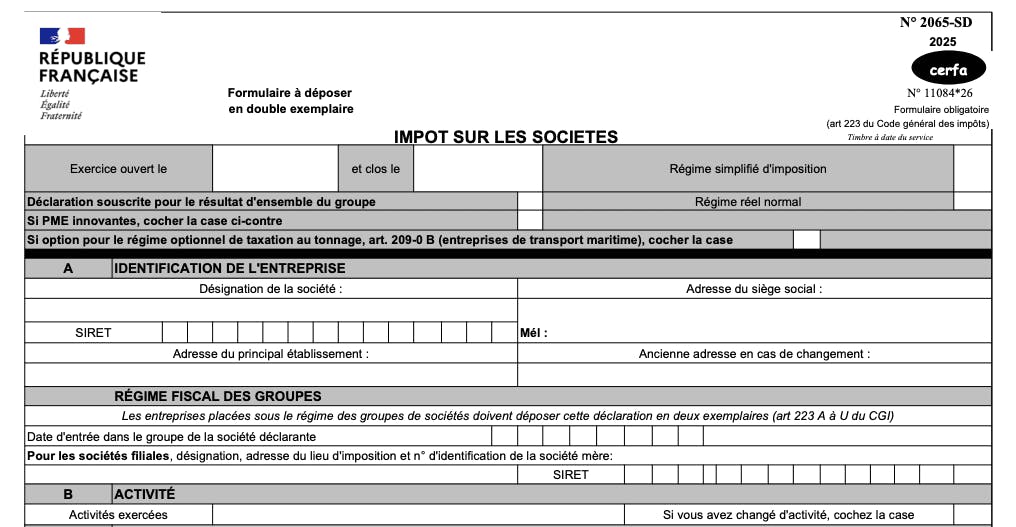 La liasse fiscale 2065 et ses encadrés concernant l'identification de l'entreprise