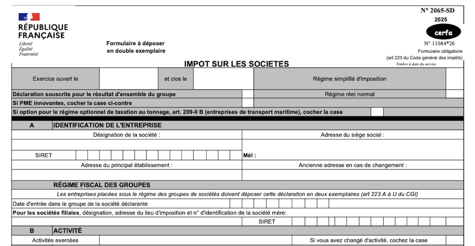 La liasse fiscale 2065 et ses encadrés concernant l'identification de l'entreprise 