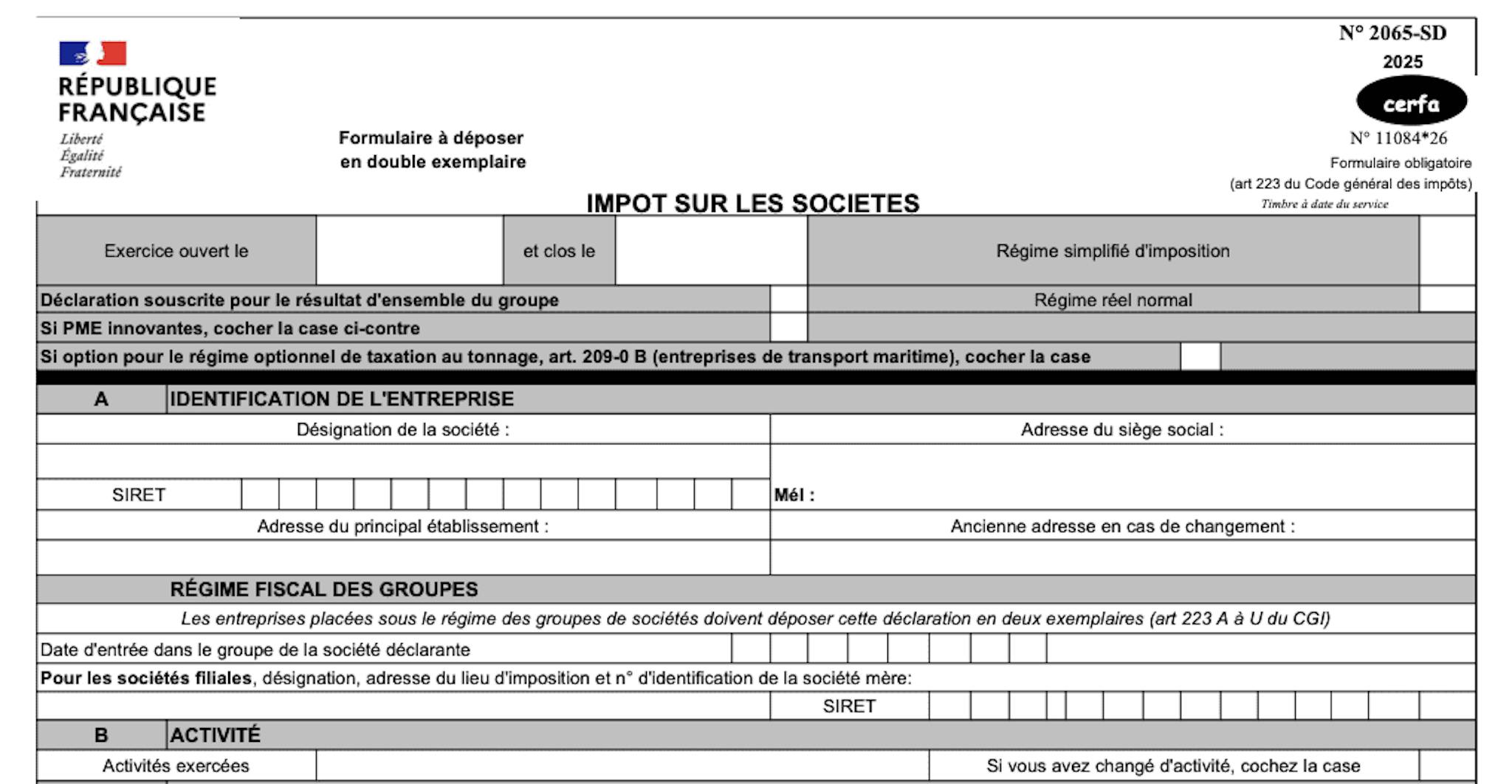 La liasse fiscale 2065 et ses encadrés concernant l'identification de l'entreprise 