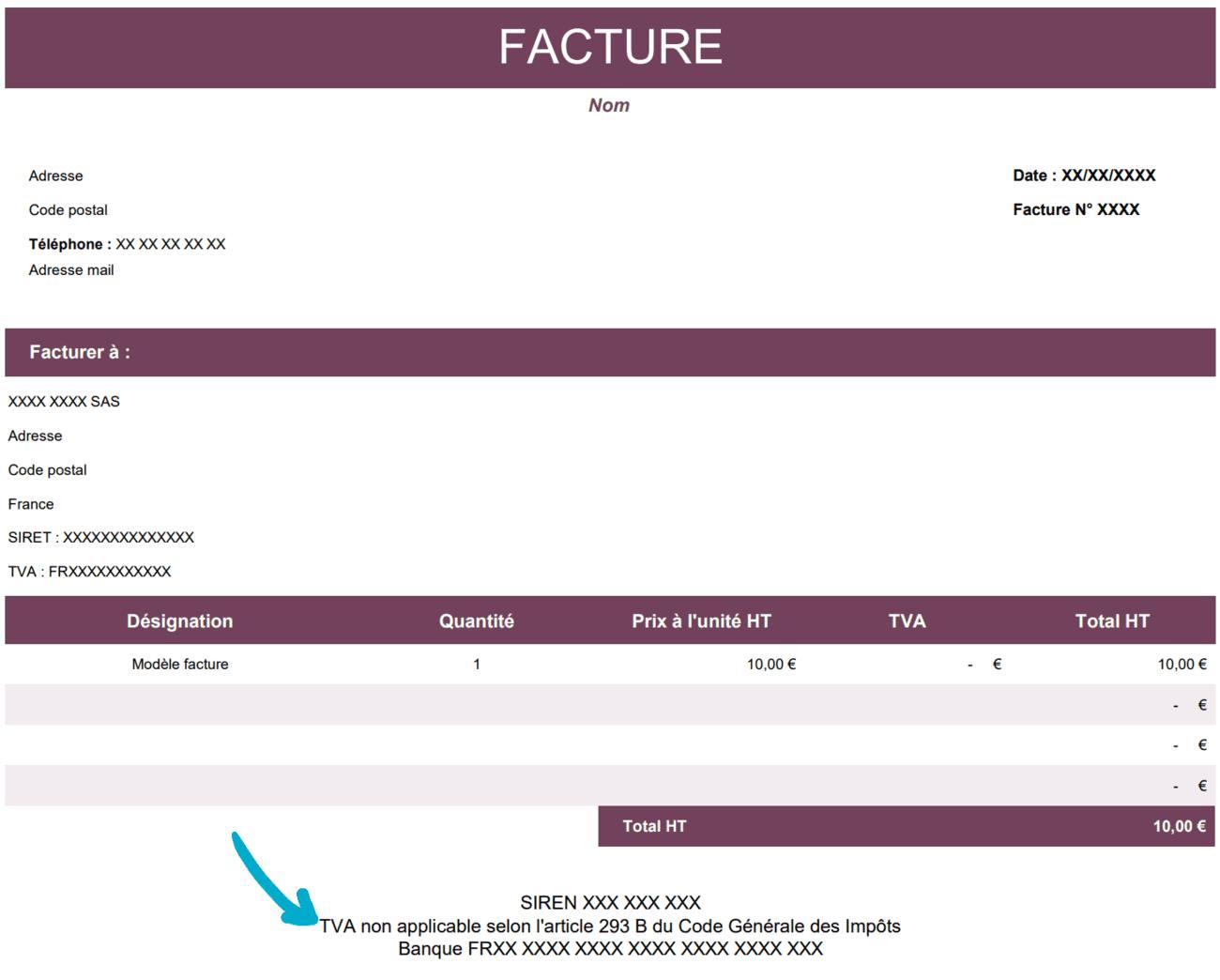 Template facture régime franchise en base de TVA