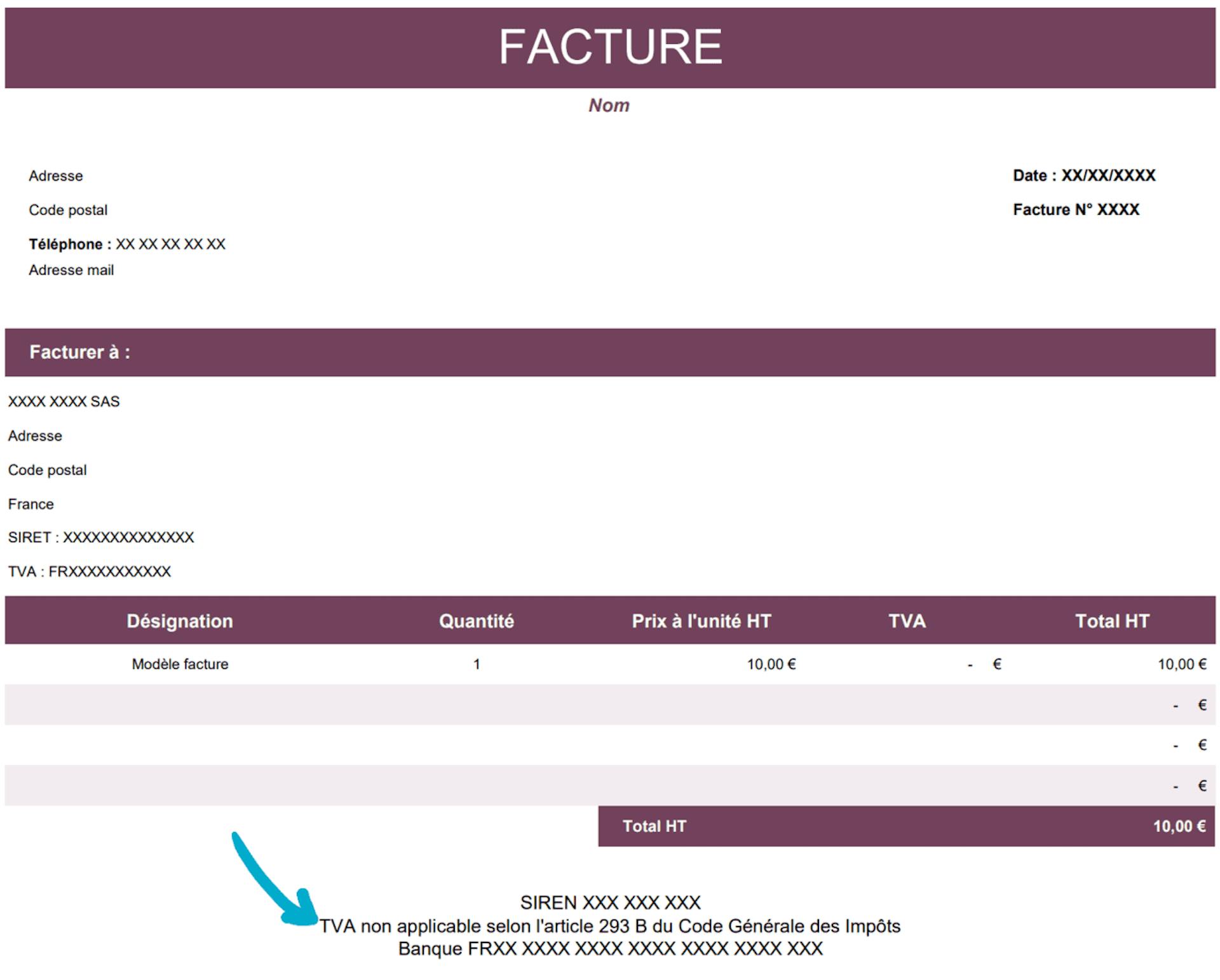 Template facture régime franchise en base de TVA 