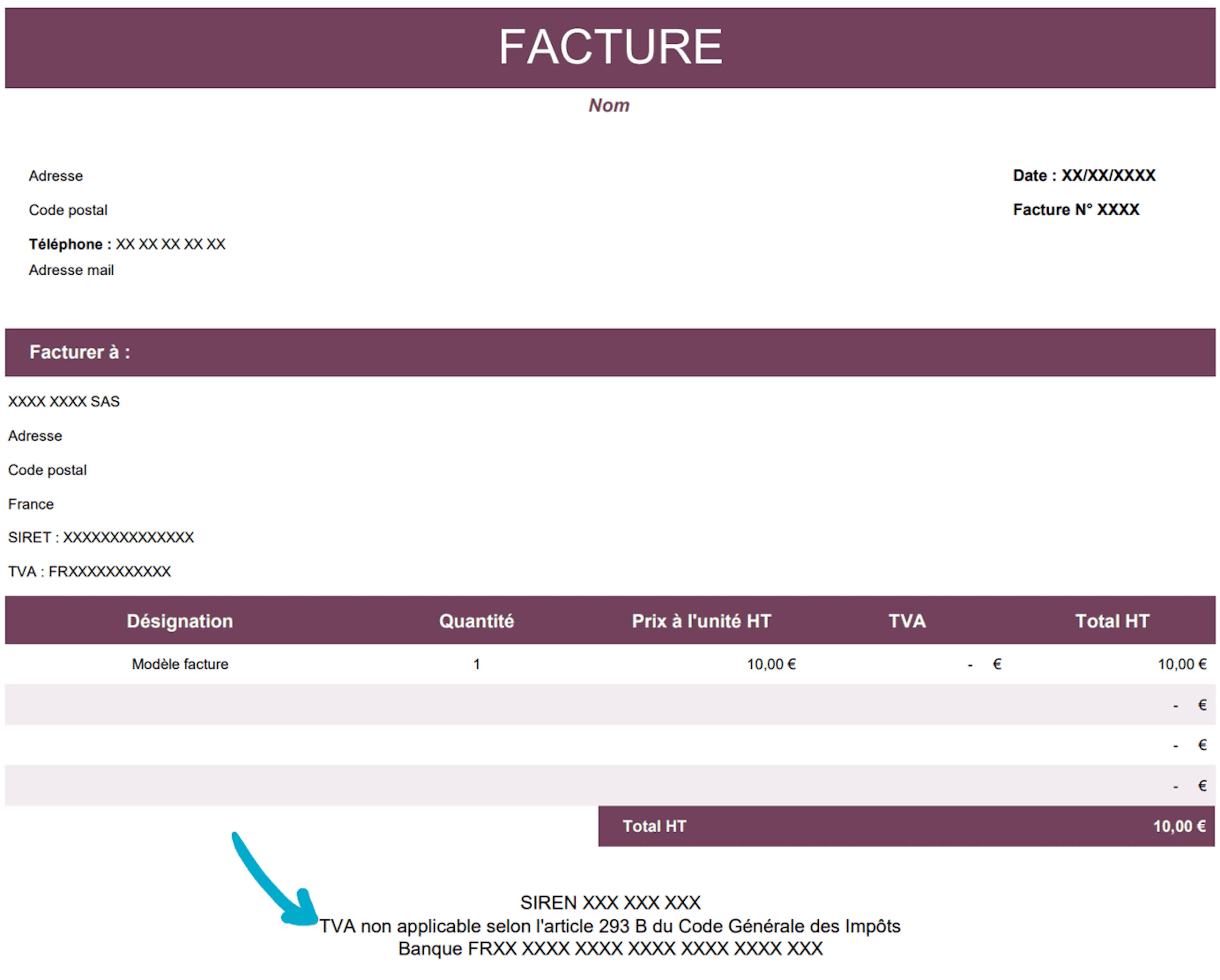 Template facture régime franchise en base de TVA 