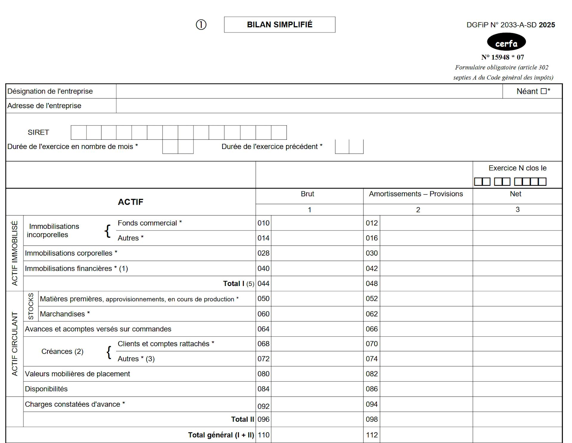 Actif du bilan simplifié (déclaration 2033)