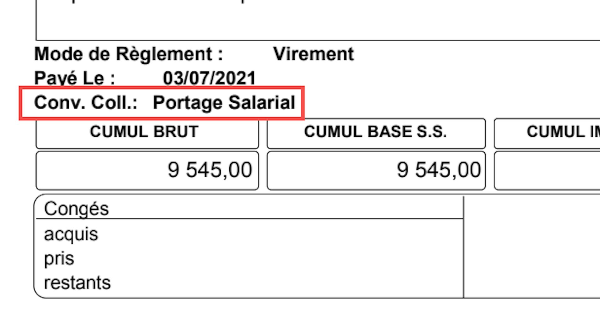 Exemple de fiche de paie comportant la mention “portage salarial”