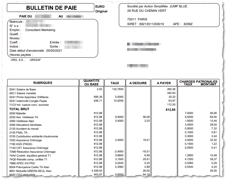 Extrait d’un bulletin de salaire de salarié porté