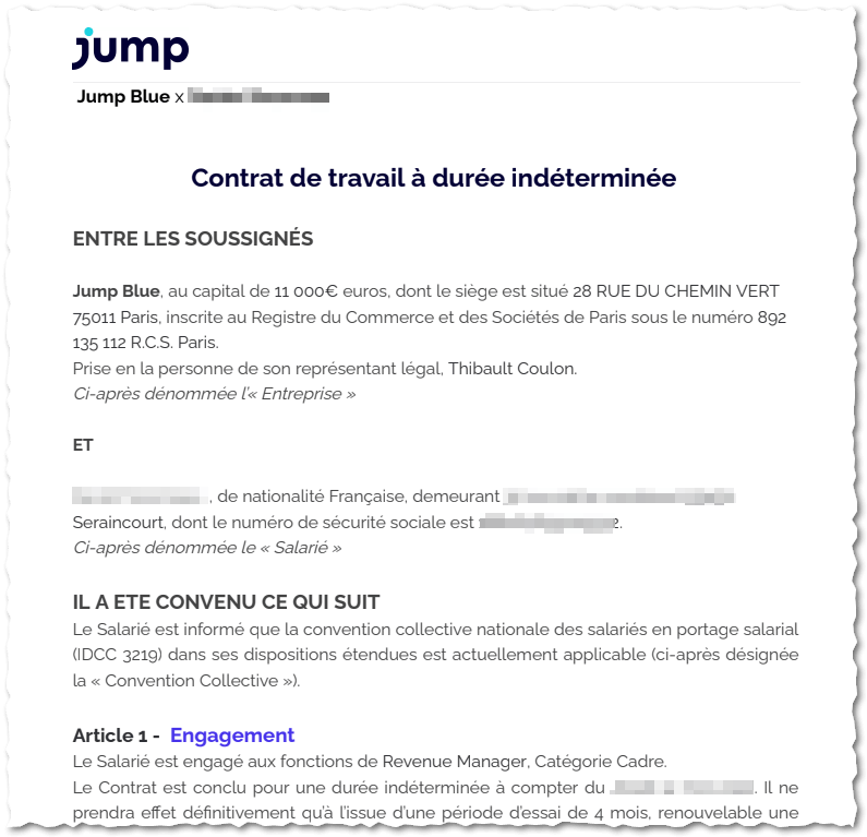 Extrait d’un contrat de travail en CDI en portage salarial
