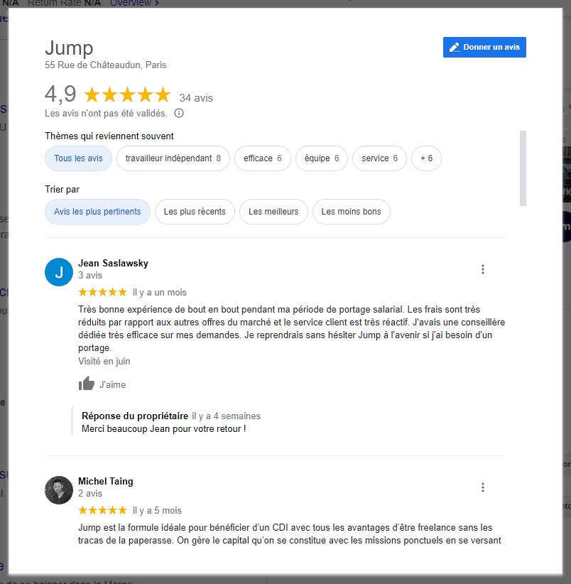 Capture d'écran des avis d'une société de portage sur Google