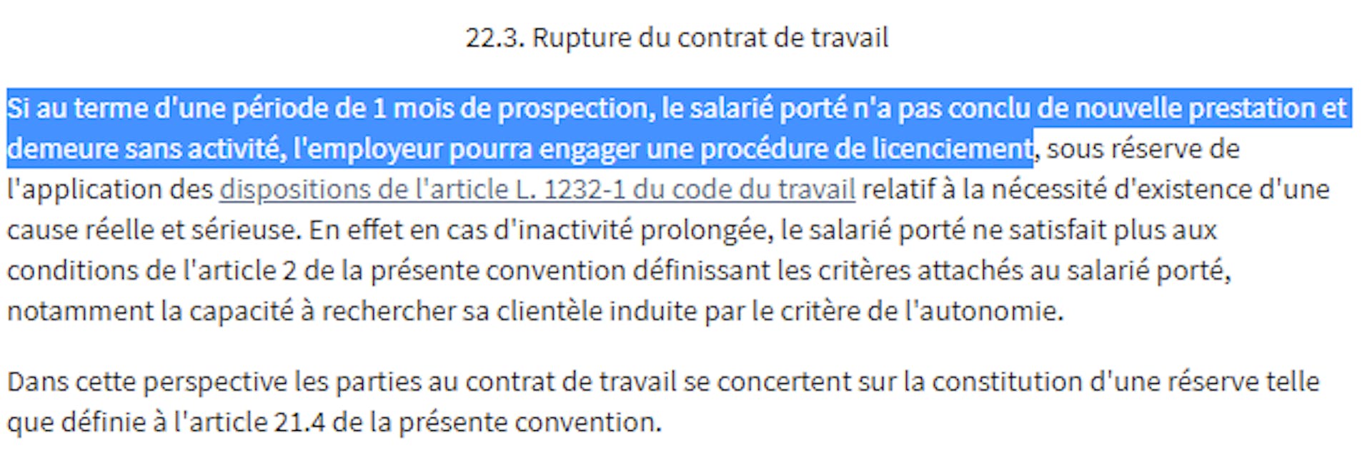 Un extrait de la convention collective de portage salarial mentionnant les conditions de licenciement d’un salarié porté