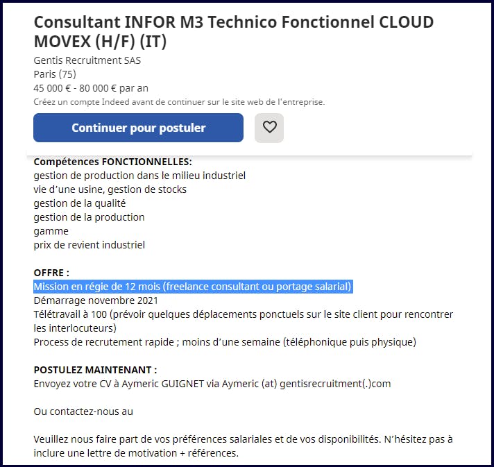Une offre d’emploi de consultant mentionnant la possibilité de passer par le portage salarial. Source  Indeed.