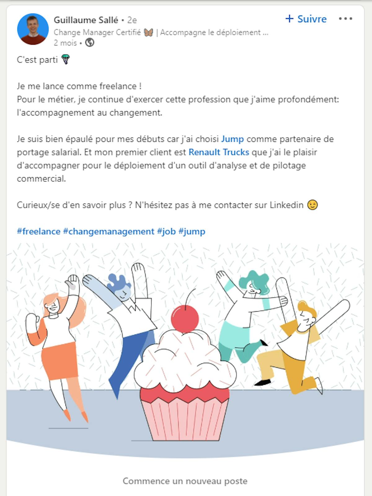 Exemple de post LinkedIn annonçant le lancement en portage salarial