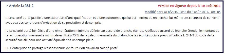 Capture d’écran de l’article du Code du travail dédié au salaire minimum
