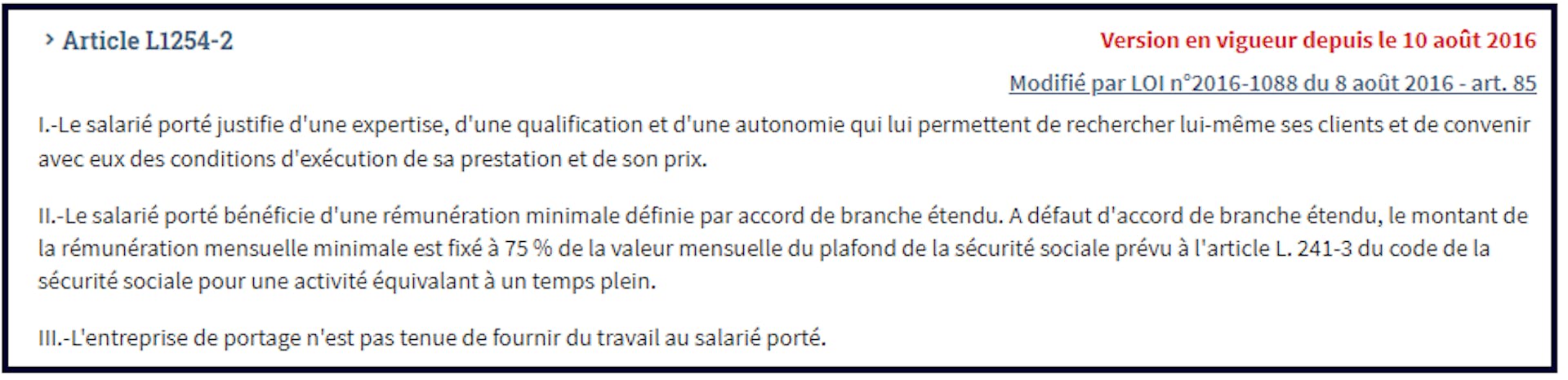 Capture d’écran de l’article du Code du travail dédié au salaire minimum