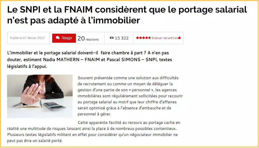Capture de la tribune publiée en 2017 par Nadia Mathern et Pascal Simons, présidents de leurs syndicats à l’époque, dénonçant le portage salarial immobilier.