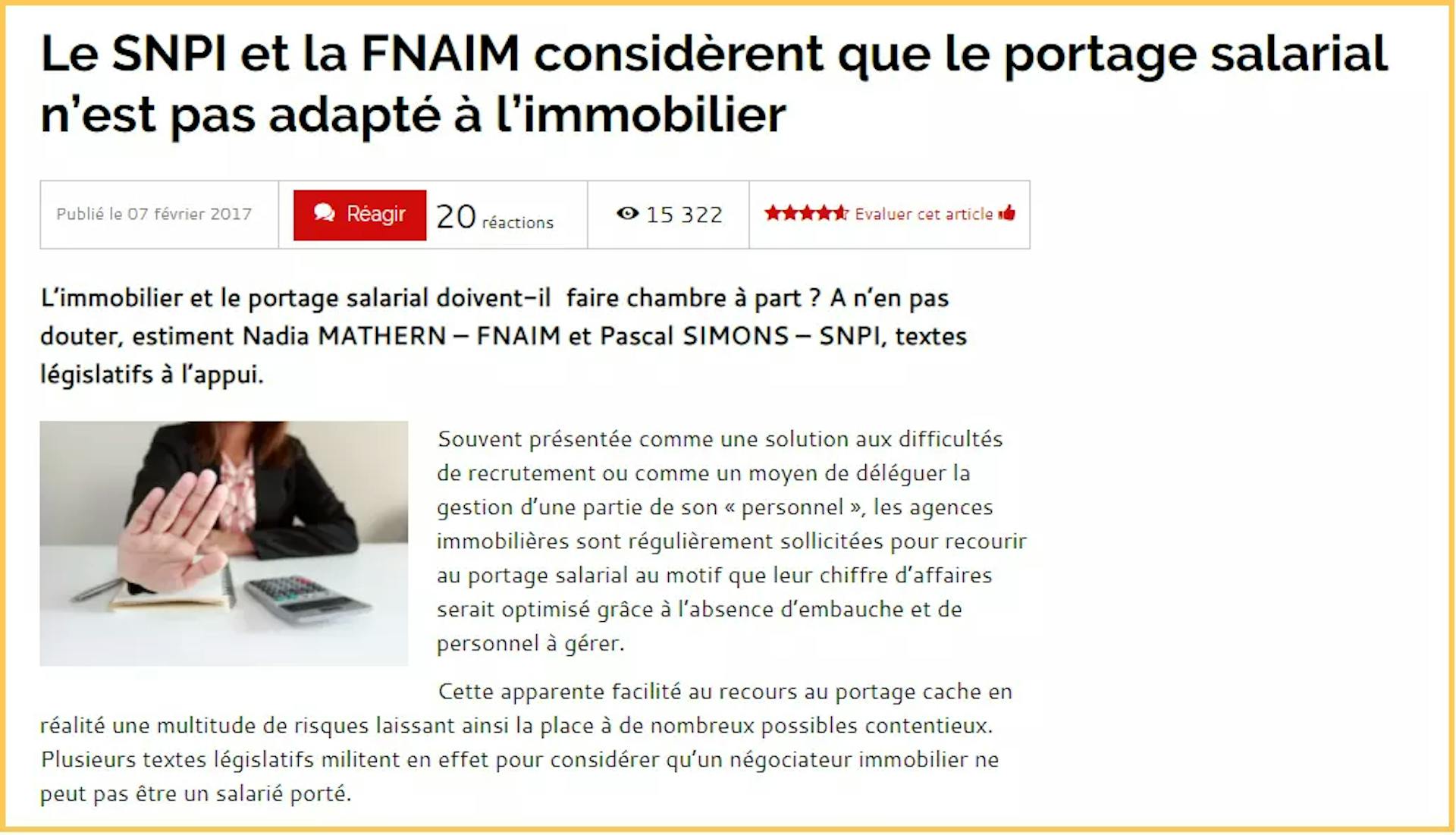 Capture de la tribune publiée en 2017 par Nadia Mathern et Pascal Simons, présidents de leurs syndicats à l’époque, dénonçant le portage salarial immobilier.