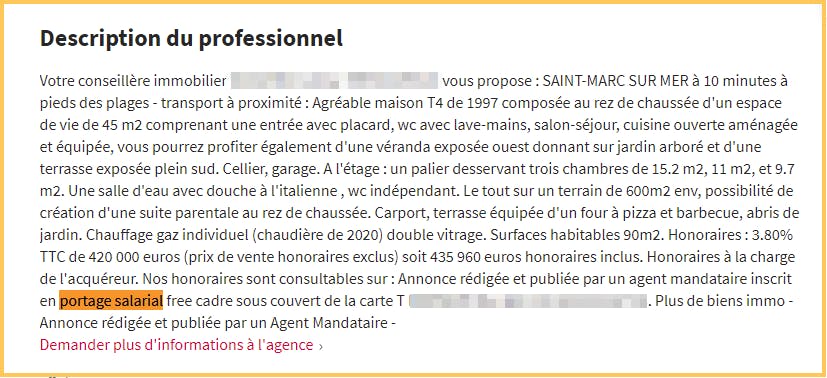 Une annonce de vente sur SeLoger mentionnant que le négociateur chargé de la vente est en portage salarial