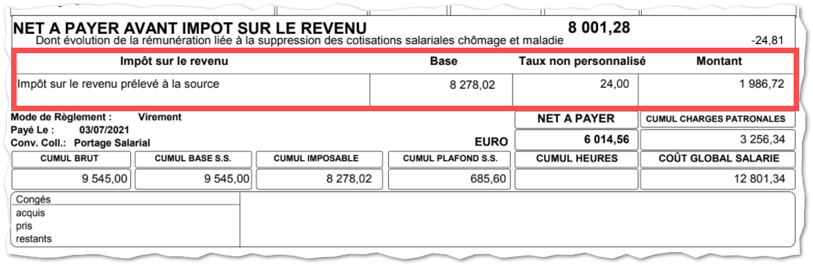 Détail d'un bulletin de salaire de portage mentionnant le montant de l’imposition