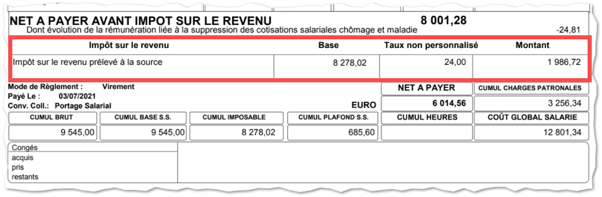 Détail d'un bulletin de salaire de portage mentionnant le montant de l’imposition