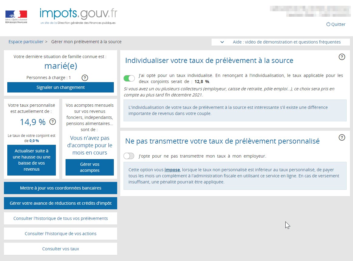 Un aperçu de l’interface de gestion du taux de prélèvement à la source sur le site des impôts