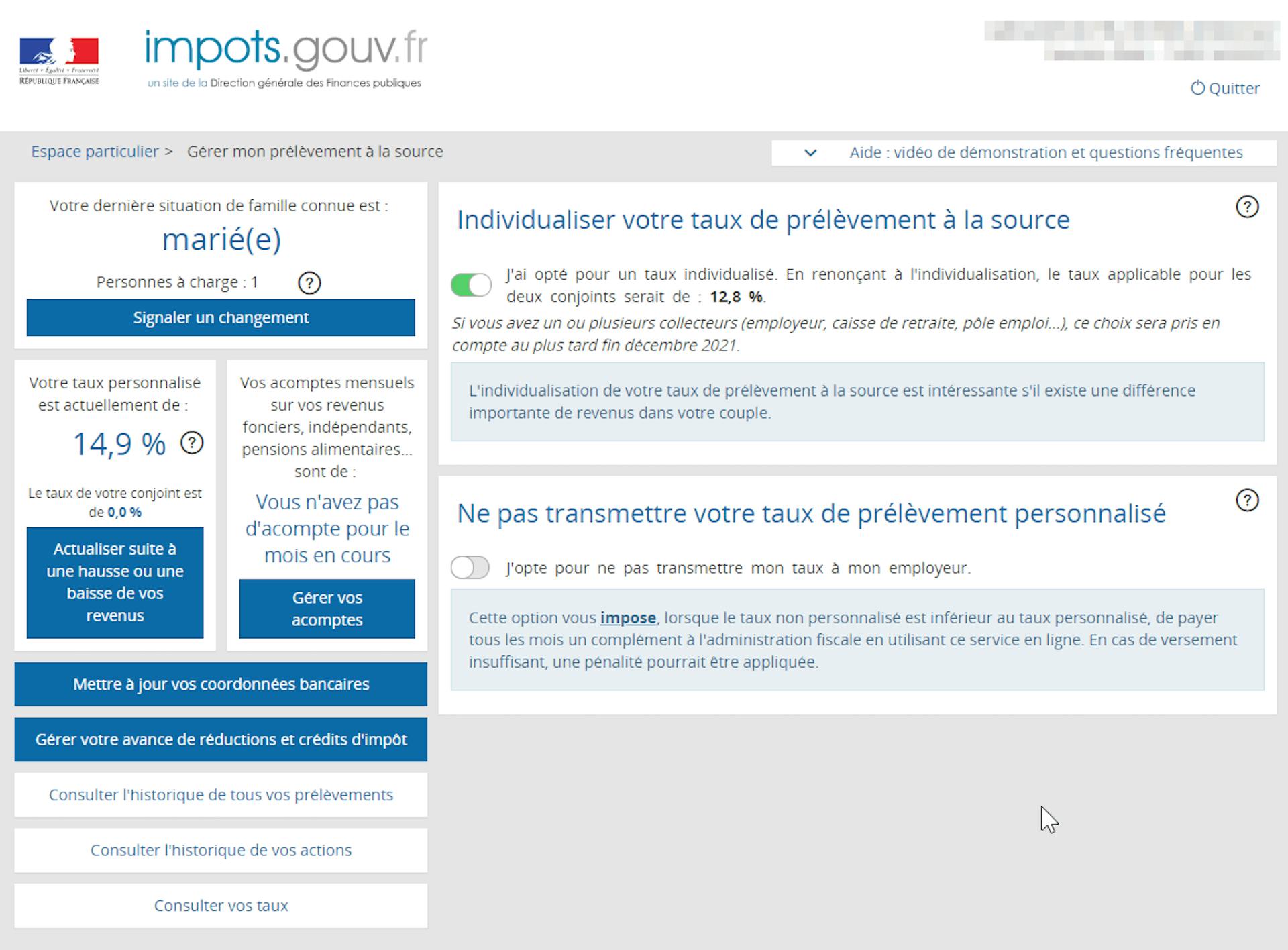 Un aperçu de l’interface de gestion du taux de prélèvement à la source sur le site des impôts