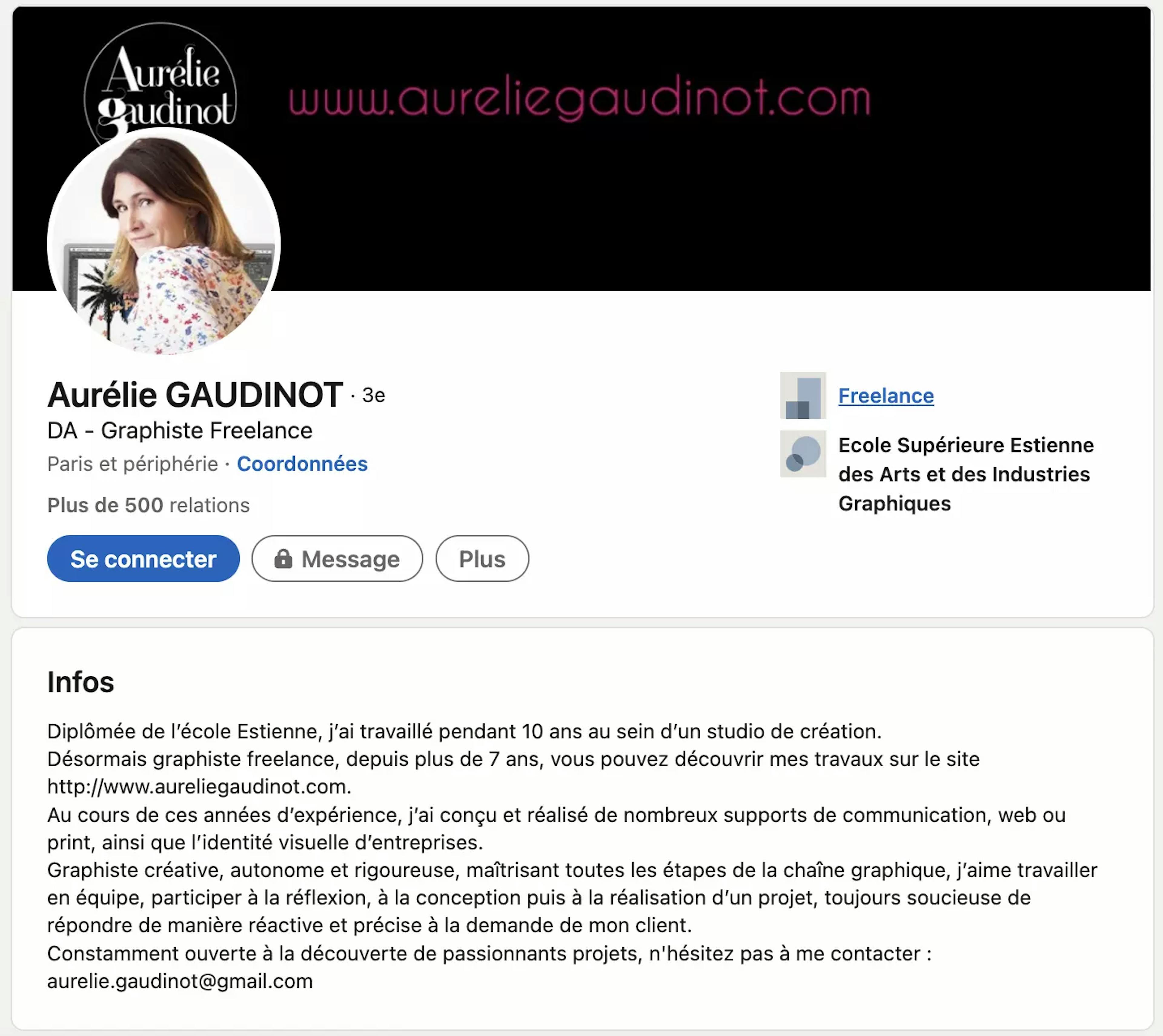 Description du profil d'Aurélie GAUDINOT, graphiste freelance sur Linkedin