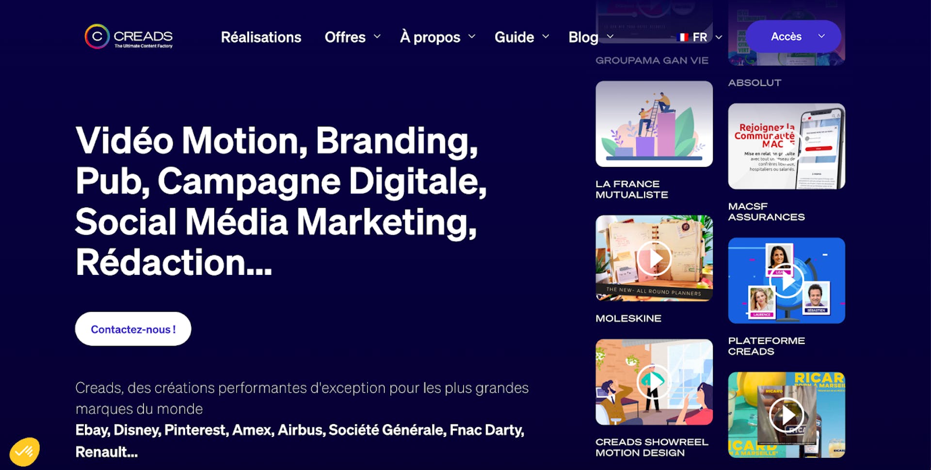 Capture d’écran de la homepage du site Creads