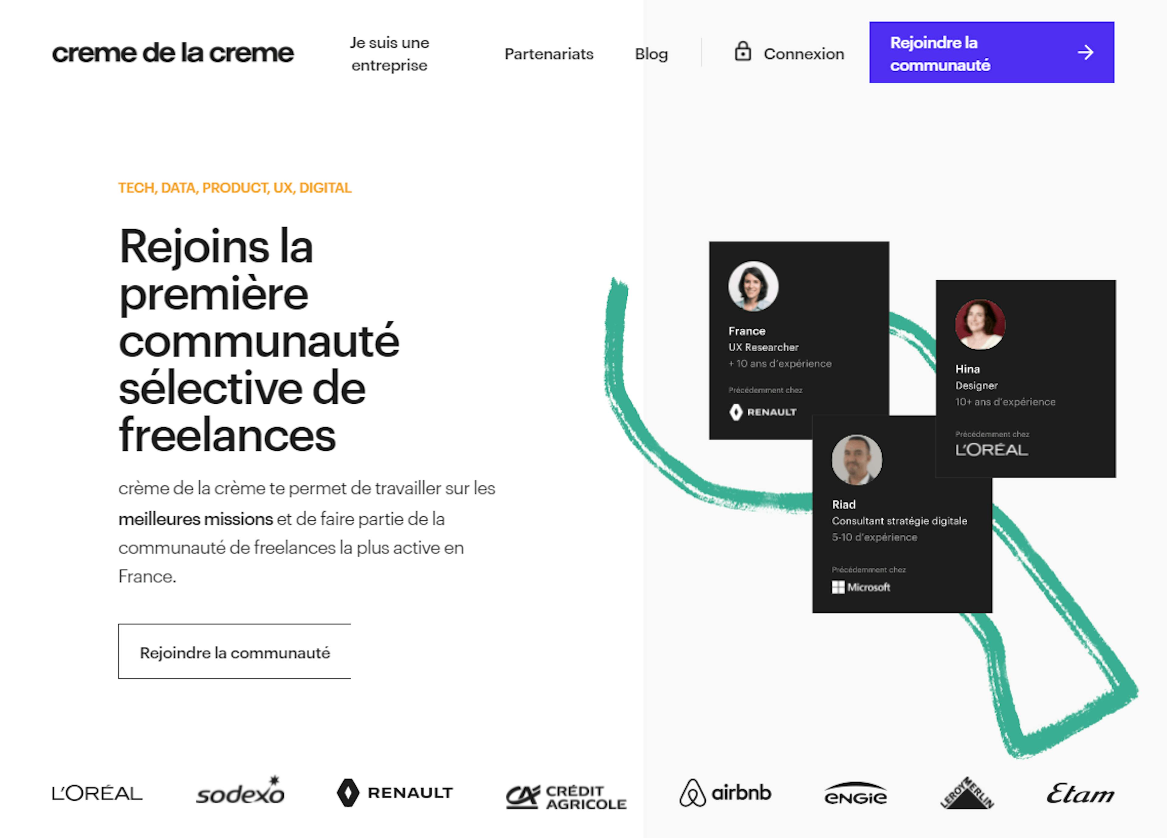 Capture d'écran du site Crème de la Crème, une des plateformes proposant des missions aux freelances.