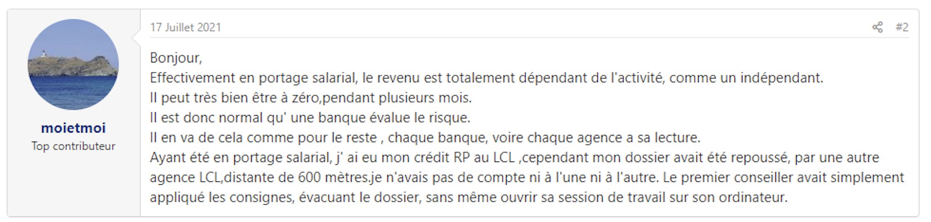 Capture d’écran du témoignage d’un indépendant ayant contracté un prêt en étant en portage salarial (source : forum Moneyvox)