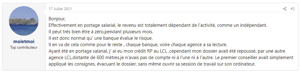 Capture d’écran du témoignage d’un indépendant ayant contracté un prêt en étant en portage salarial (source : forum Moneyvox)