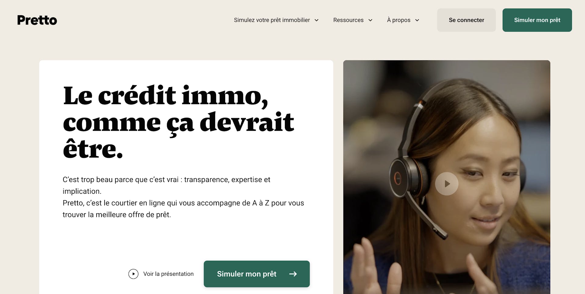 Aperçu de la page d'accueil de Pretto, courtier immobilier en ligne.