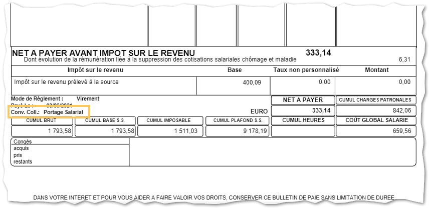 Extrait du bulletin de salaire d’un salarié porté. Le rattachement à la convention du portage y est clairement indiqué