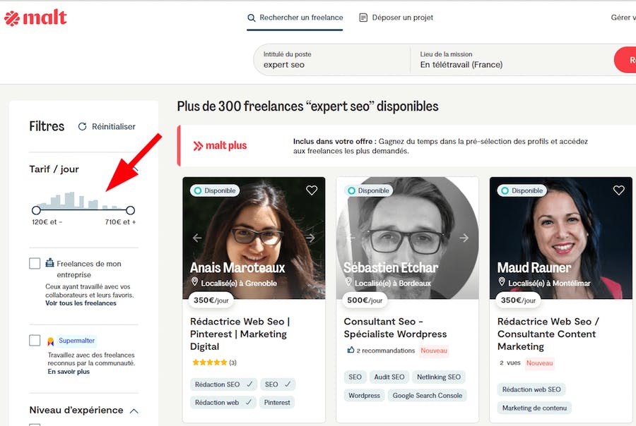 Un aperçu des résultats de recherche sur la plateforme Malt. Le curseur de tarif permet déjà d'avoir un aperçu des TJMs pratiqués par les freelances pour cette activité.