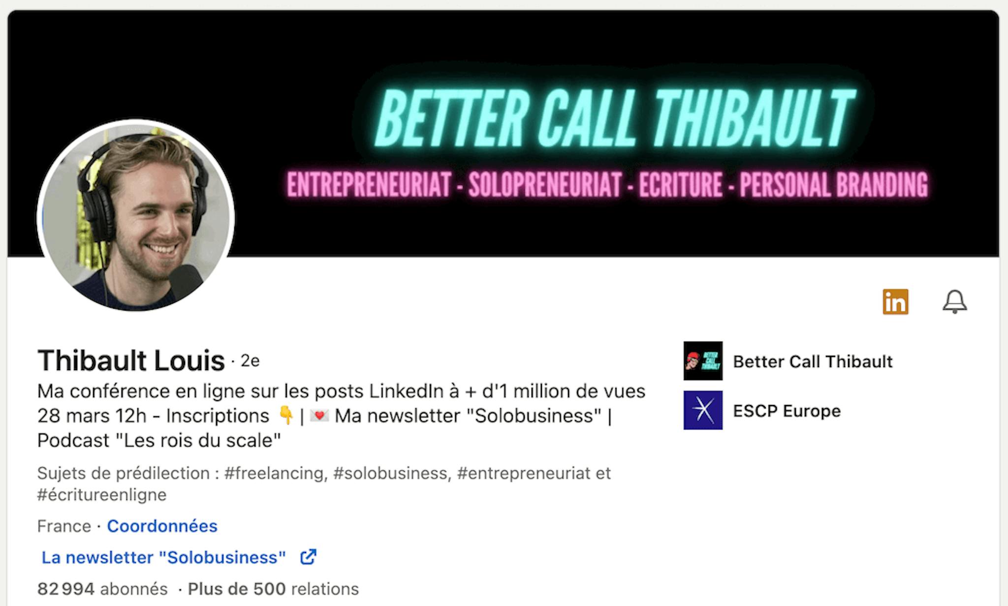 Un aperçu du profil Linkedin de Thibault Louis. En quelques mois, il a accumulé plus de 40,000 abonnés sur la plateforme.