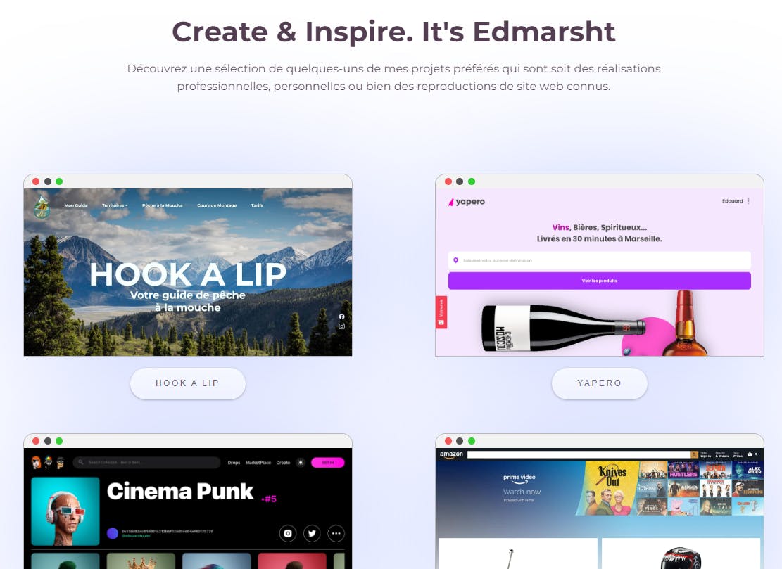 Aperçu portfolio d’un développeur react Freelance. Source : edouardtoulet.com