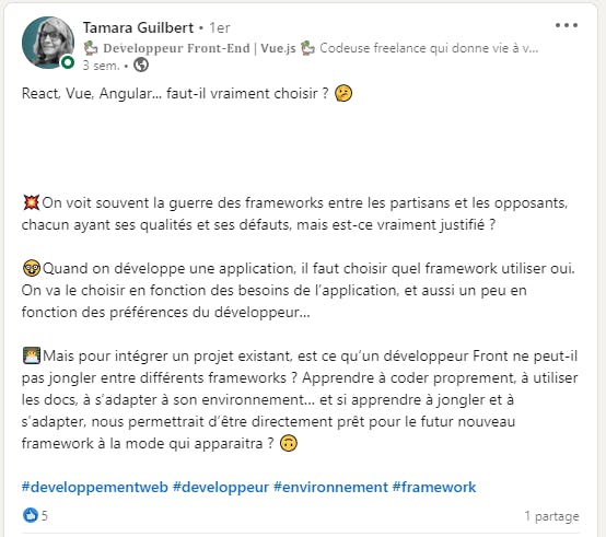 Un exemple de post LinkedIn d’une développeuse Vue.js freelance