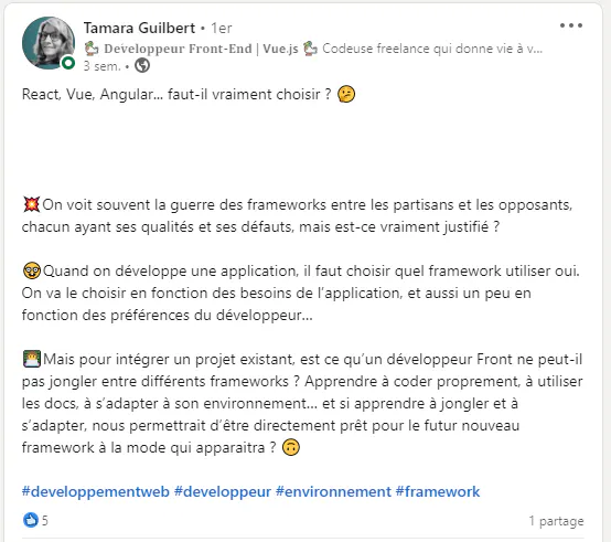 Un exemple de post LinkedIn d’une développeuse Vue.js freelance